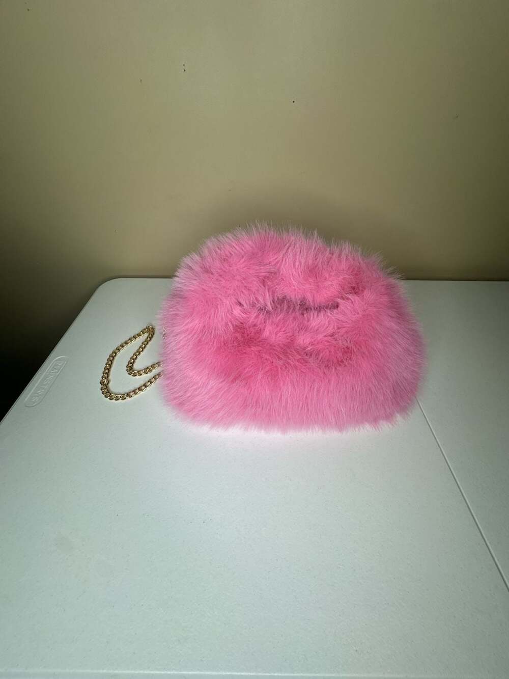 Pink Faux Fur Hand Muff Crossbody Bag Gold Chain Strap